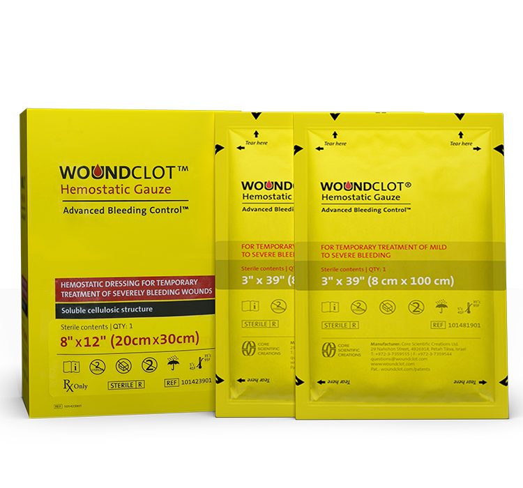 WoundClot EMS and First Responder line — high-visibility yellow carton with sterile tear-open pouches.