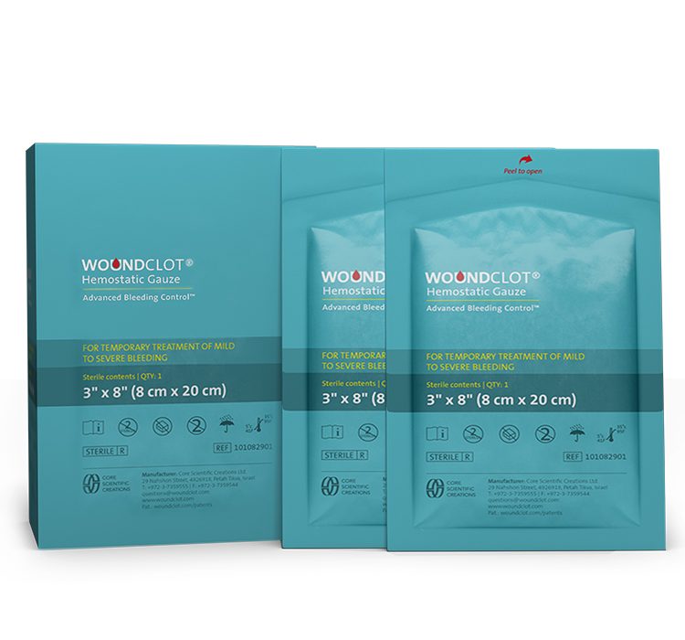 WoundClot Hemostatic Gauze hospital carton with two sterile peel-open pouches, 3 inch by 8 inch, reference 101082901.